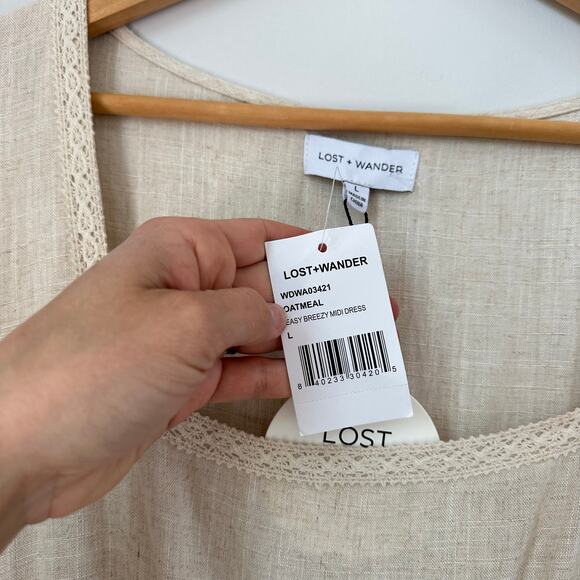 LOST + WANDER Easy Breezy Square Neck Long Sleeve Midi Dress in Oatmeal NWT - Picture 7 of 9